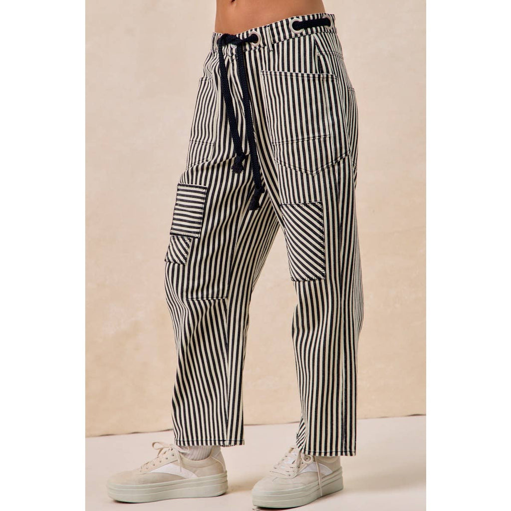 STRIPED TWILL BARREL PANTS
