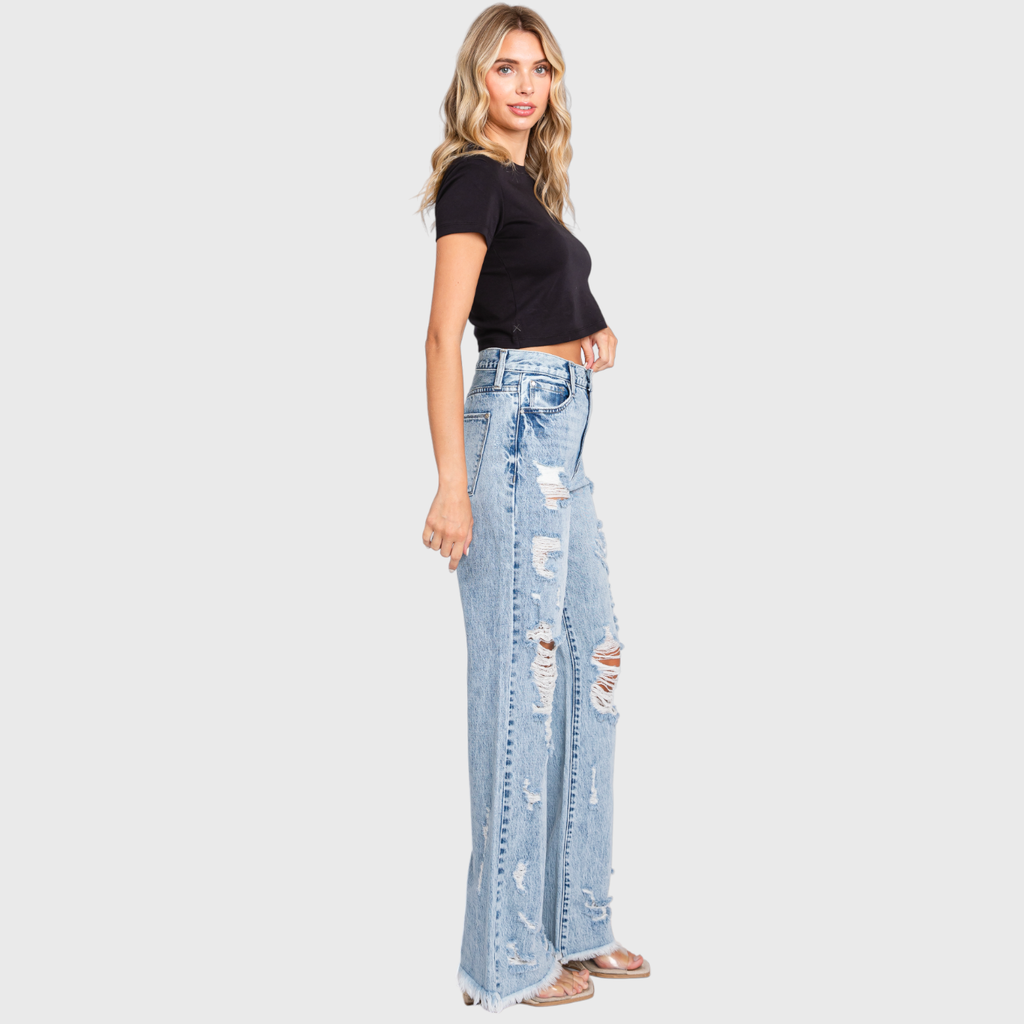 DESTROYED HIGH RISE RIGID VINTAGE FLARE JEANS