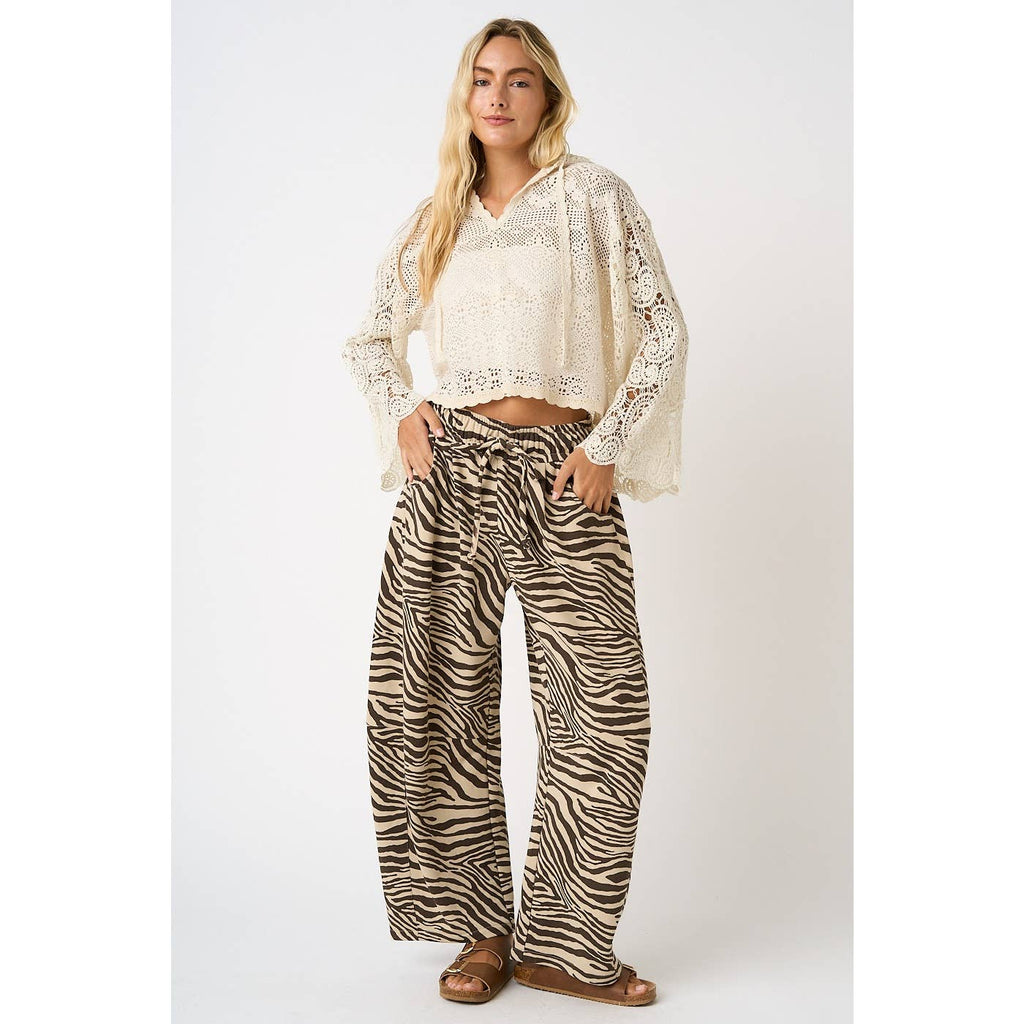ZEBRA PRINT PULL-ON BARREL LEG PANTS