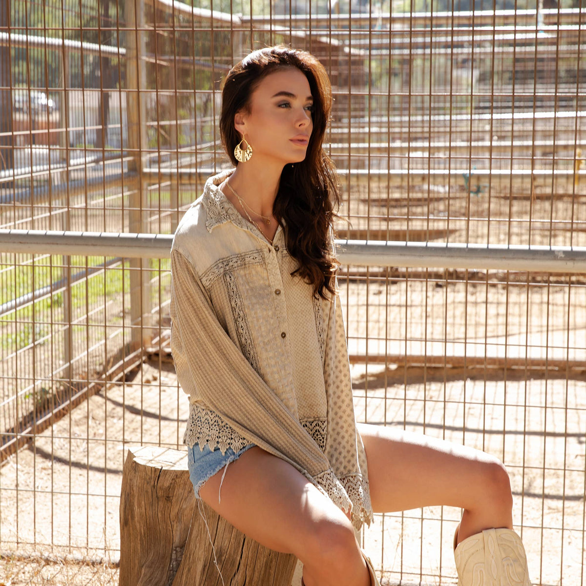 Artisan Boho Lace Trim Button-Front Blouse Top