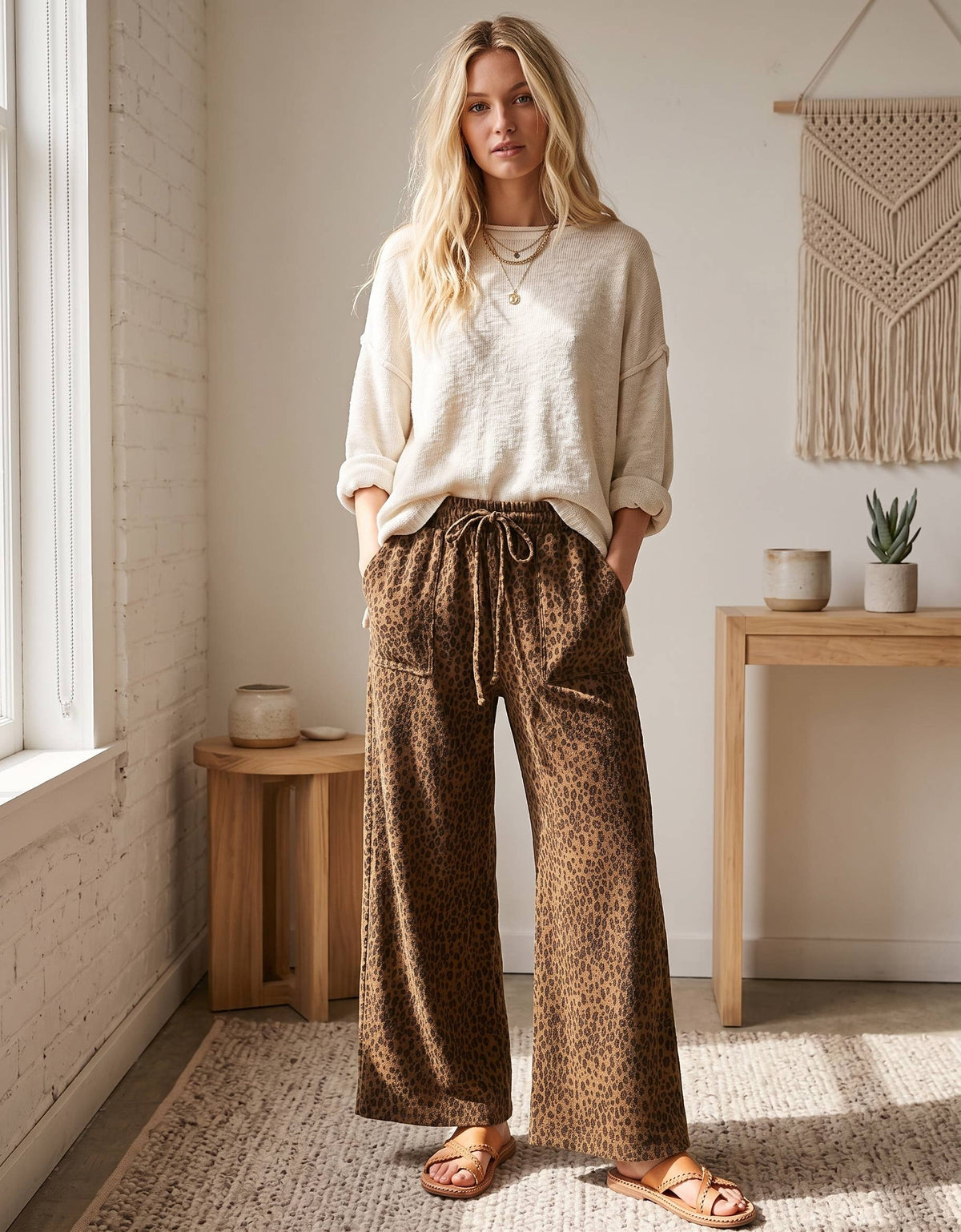 Leopard Wide Leg Drawstring Pants