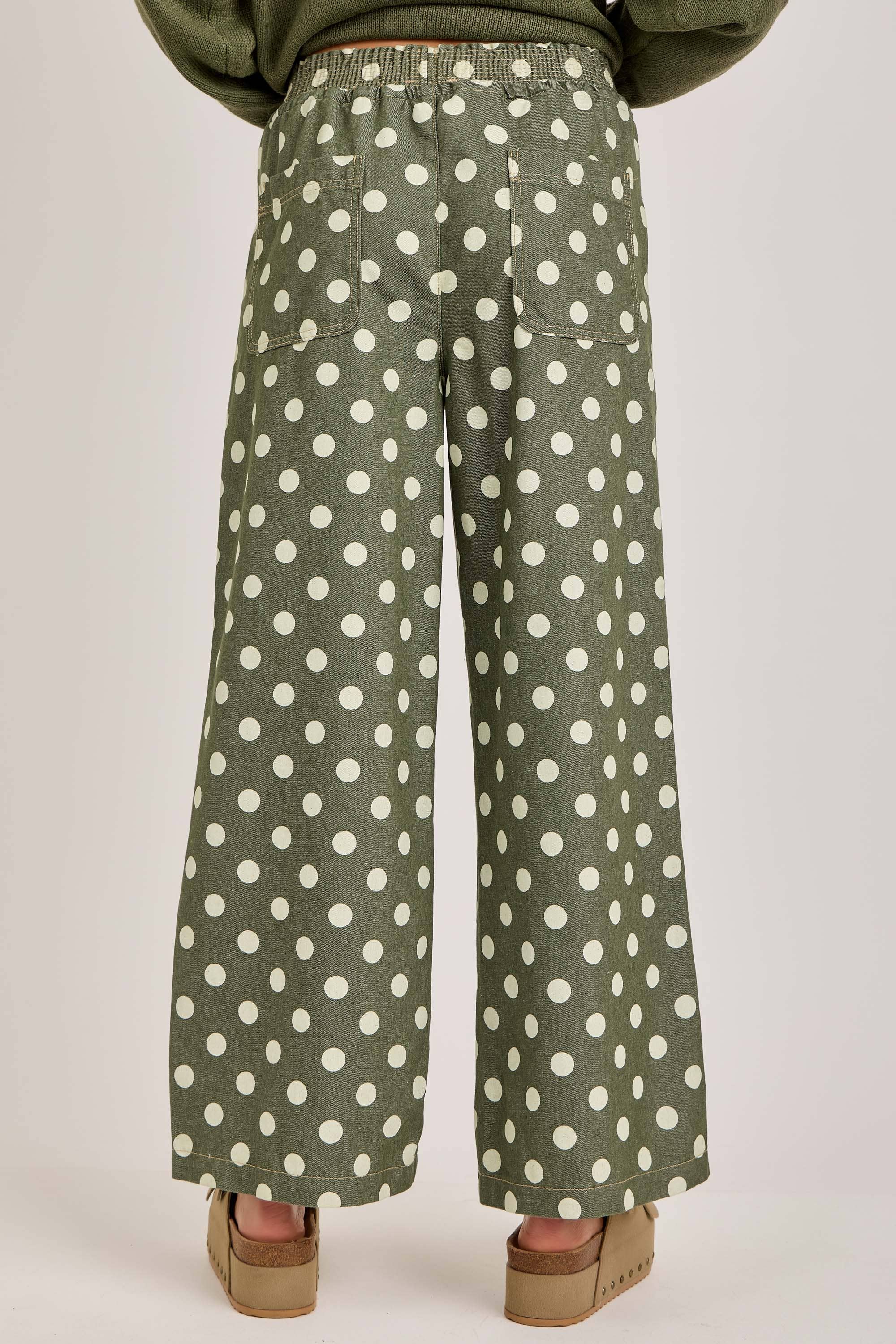 RELAXED WIDE LEG SOFT POLKA DOT DRAWSTRING PANTS