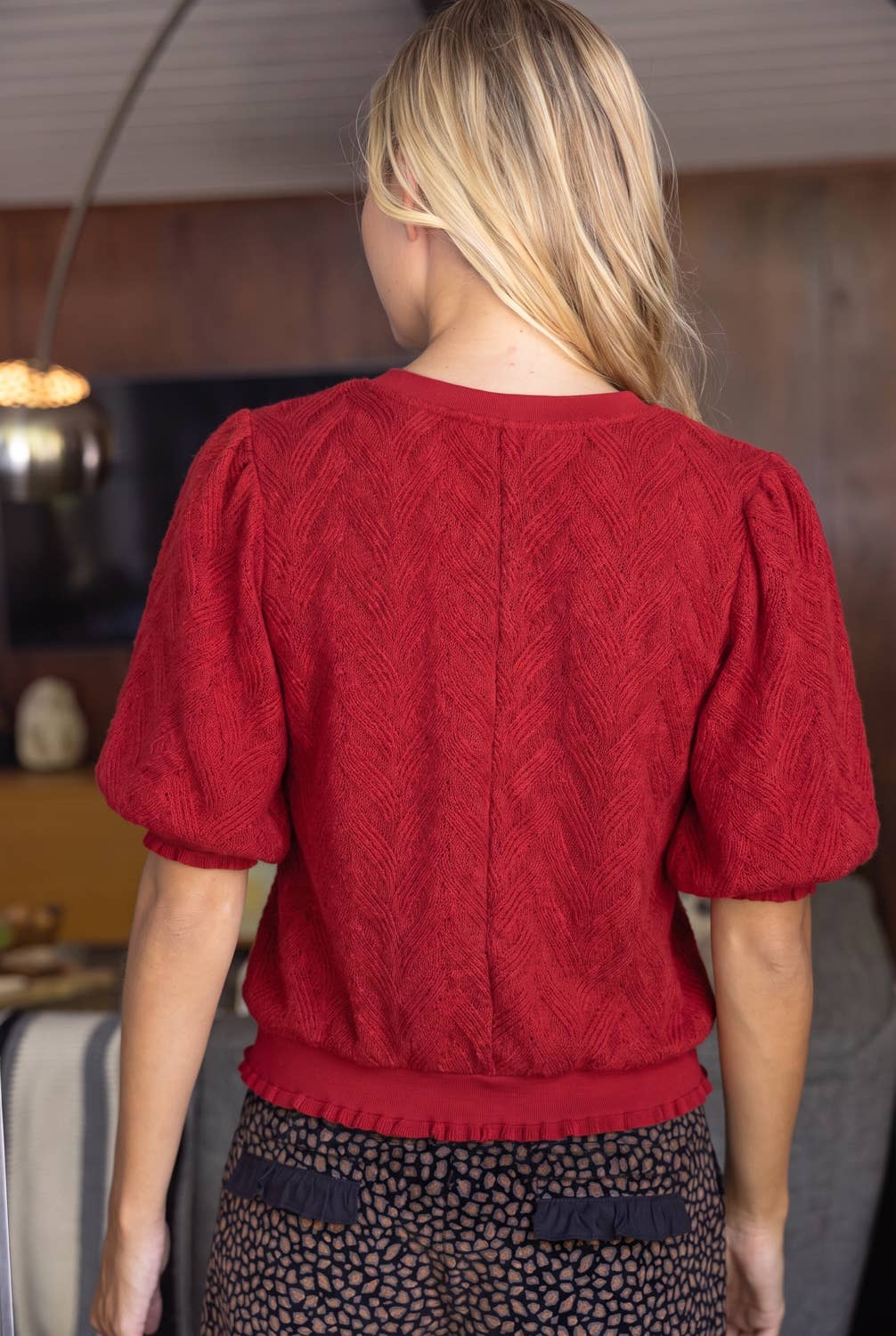 Braid Sweater Knit Short Bubble Sleeve Top