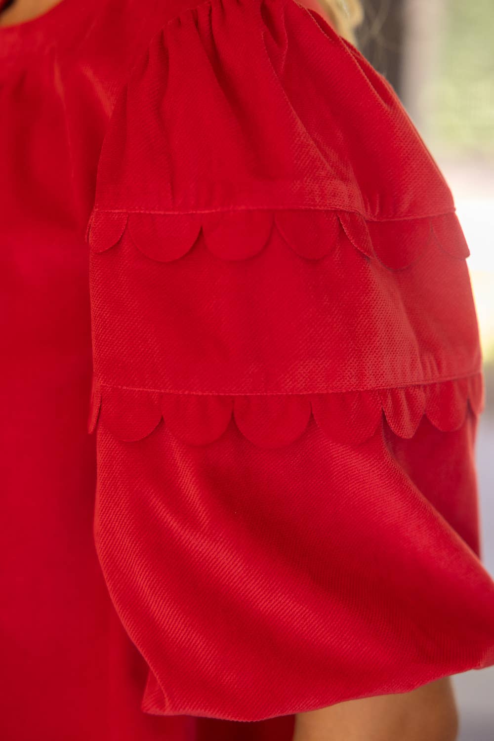 Scalloped Hemline Bubble Sleeve Solid Corduroy Top
