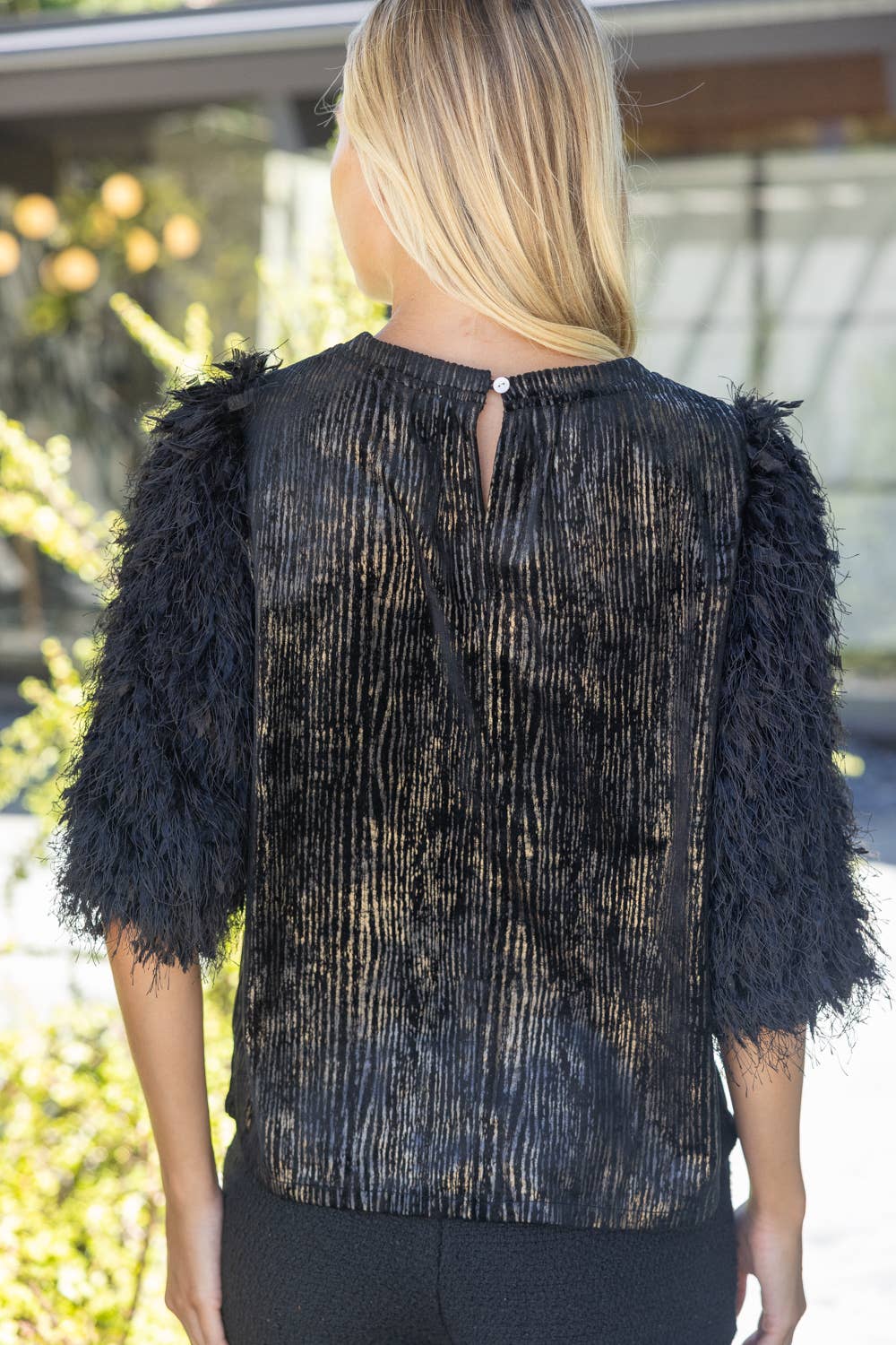 Textured Feathered Sleeve Metallic Stripe Top