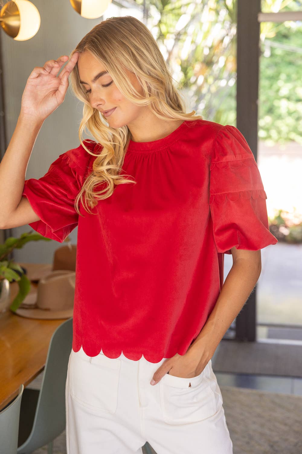 Scalloped Hemline Bubble Sleeve Solid Corduroy Top