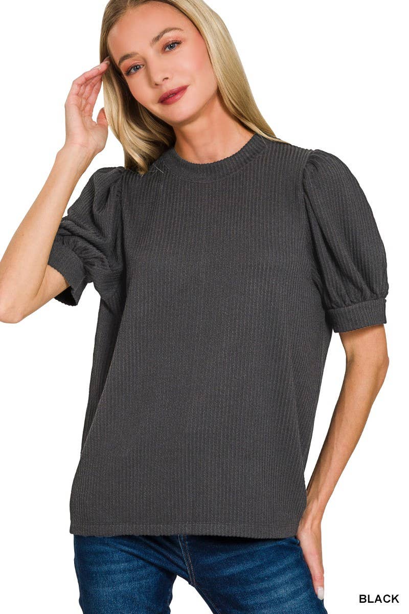 Raised Rib Puff Sleeve Top