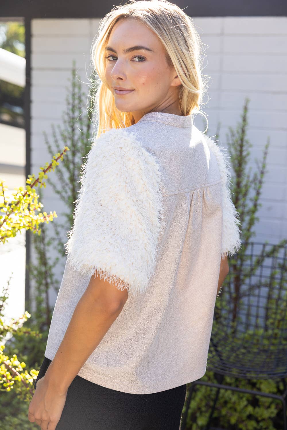 Feather Fringe Short Sleeve Faux Leather Top