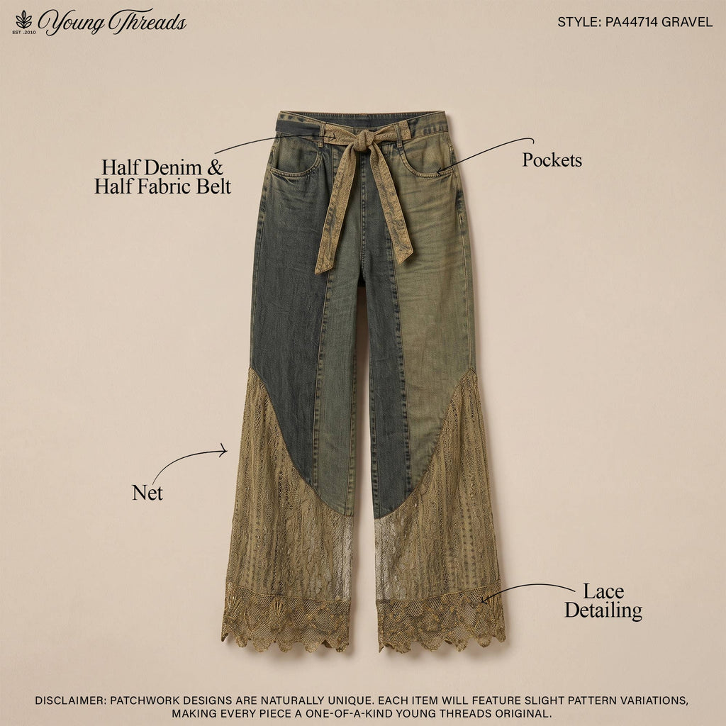 Boho Mixed-Media Lace Hem Tie-Waist Flare Pants