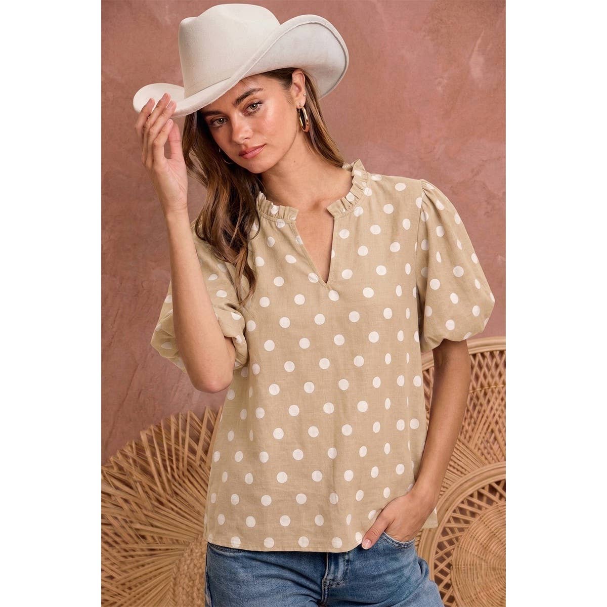 POLKA DOT PRINTED WOVEN RUFFLED V NECK TOP
