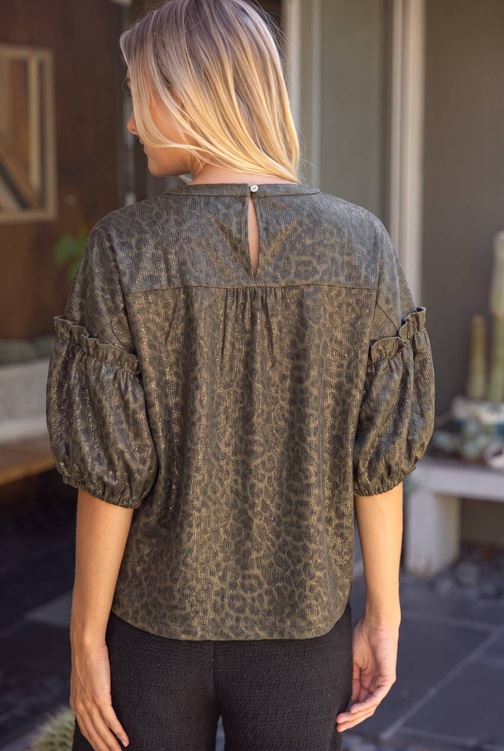 Ruffle Puff Sleeve Metallic Animal Print Top