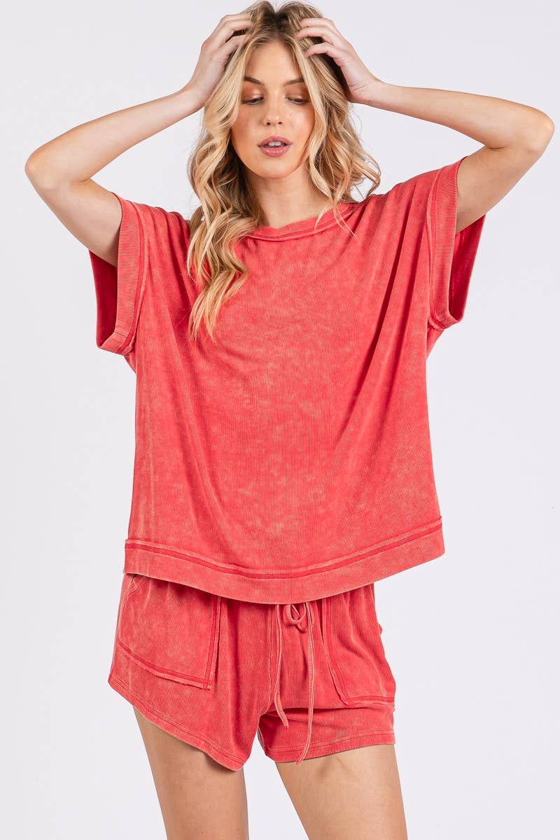 MINERAL WASHED TOP AND SHORTS RIB SET