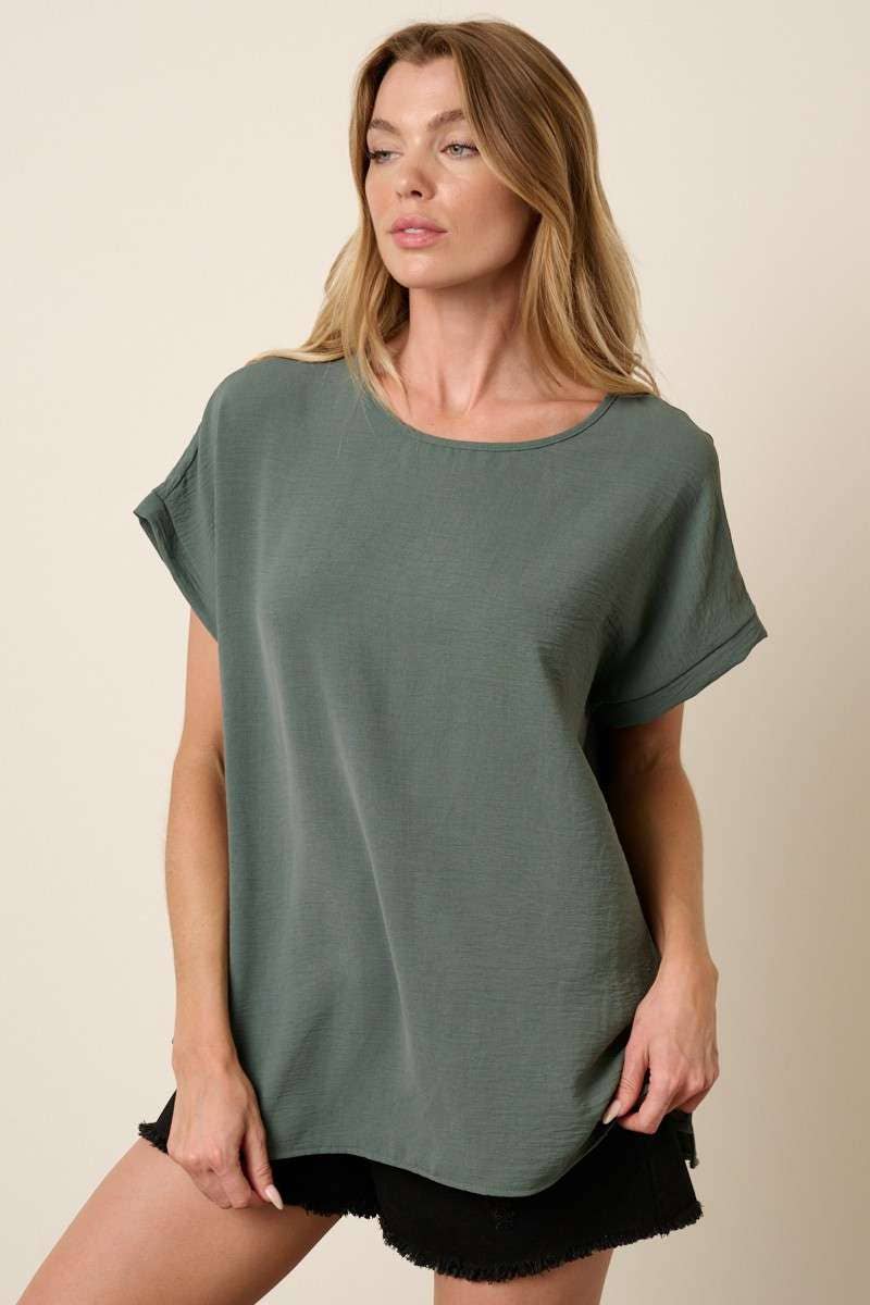 AIRFLOW ROUND NECK DOLMAN SHORT SLEEVE WOVEN TOP