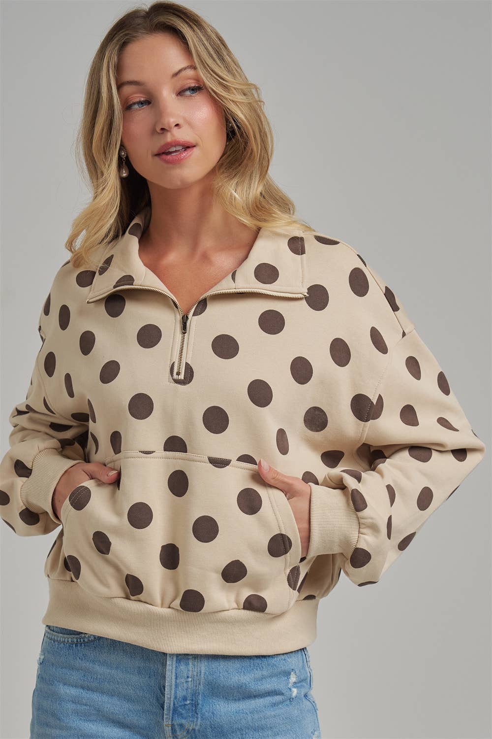 POLKA DOT HALF ZIP PULLOVER FLEECE SWEATSHIRT_JLT00265-01