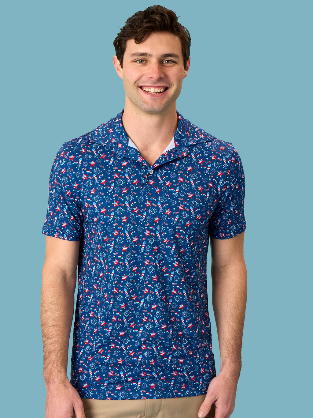 Men's Red White & Boom Fireworks Knit Short Sleeve Performance Polo