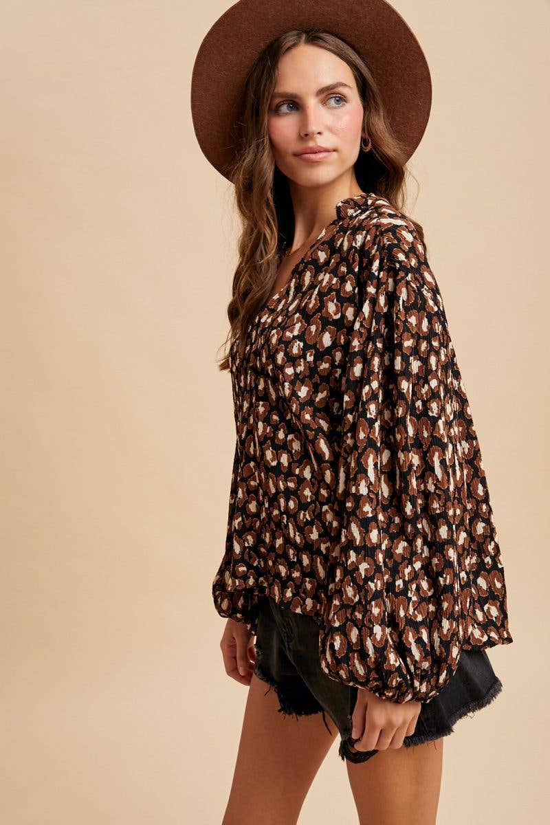 Leopard Plisse Texture Notched Neck Tie Blouse