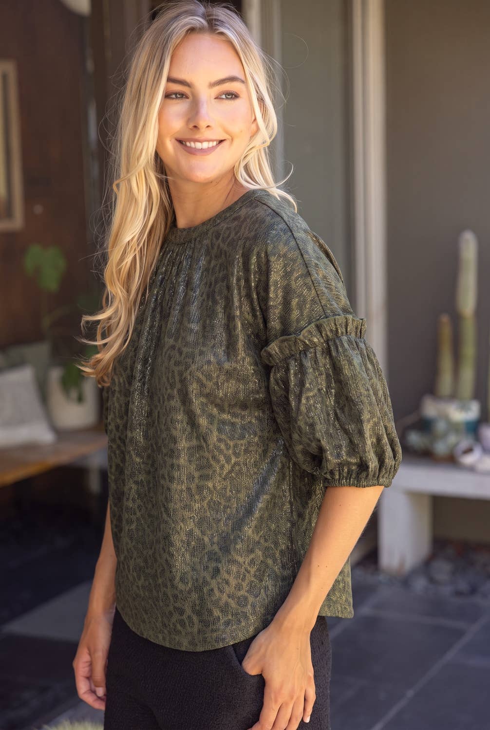 Ruffle Puff Sleeve Metallic Animal Print Top