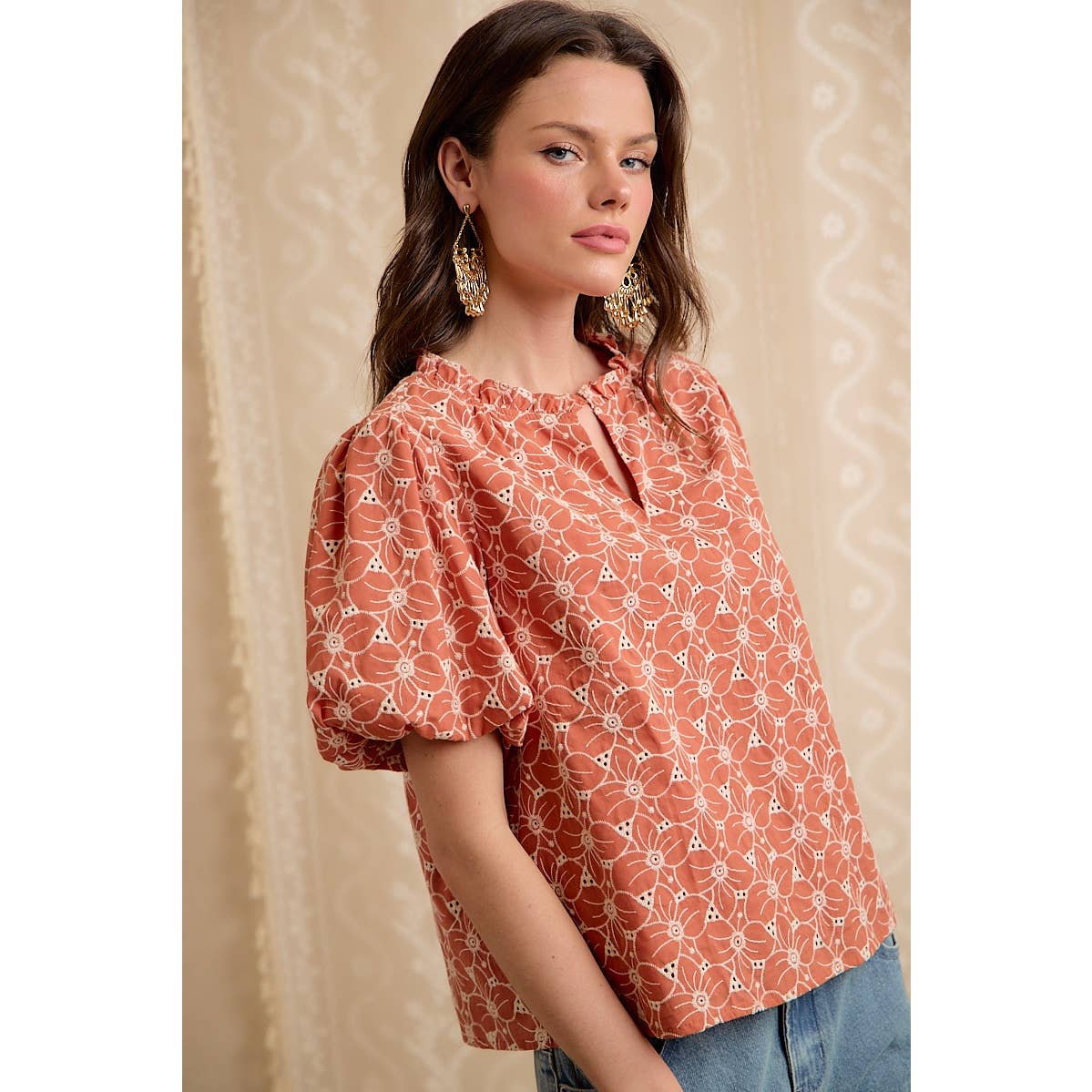 COTTON EYELET PUFF SLEEVE BLOUSE