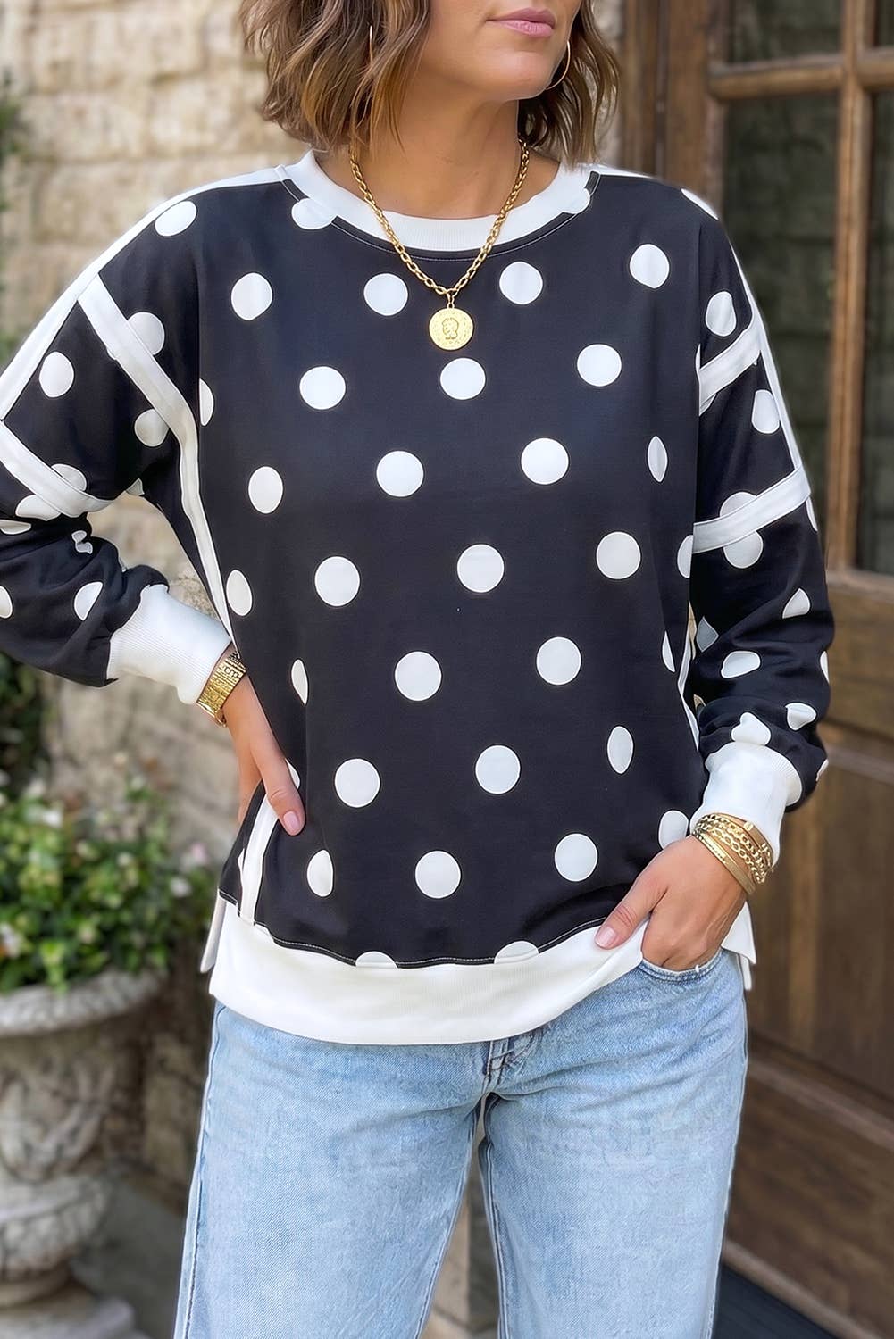 Polka Dot Drop Shoulder Round Neck Sweatshirt