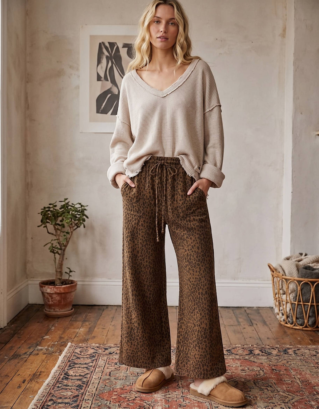 Leopard Wide Leg Drawstring Pants