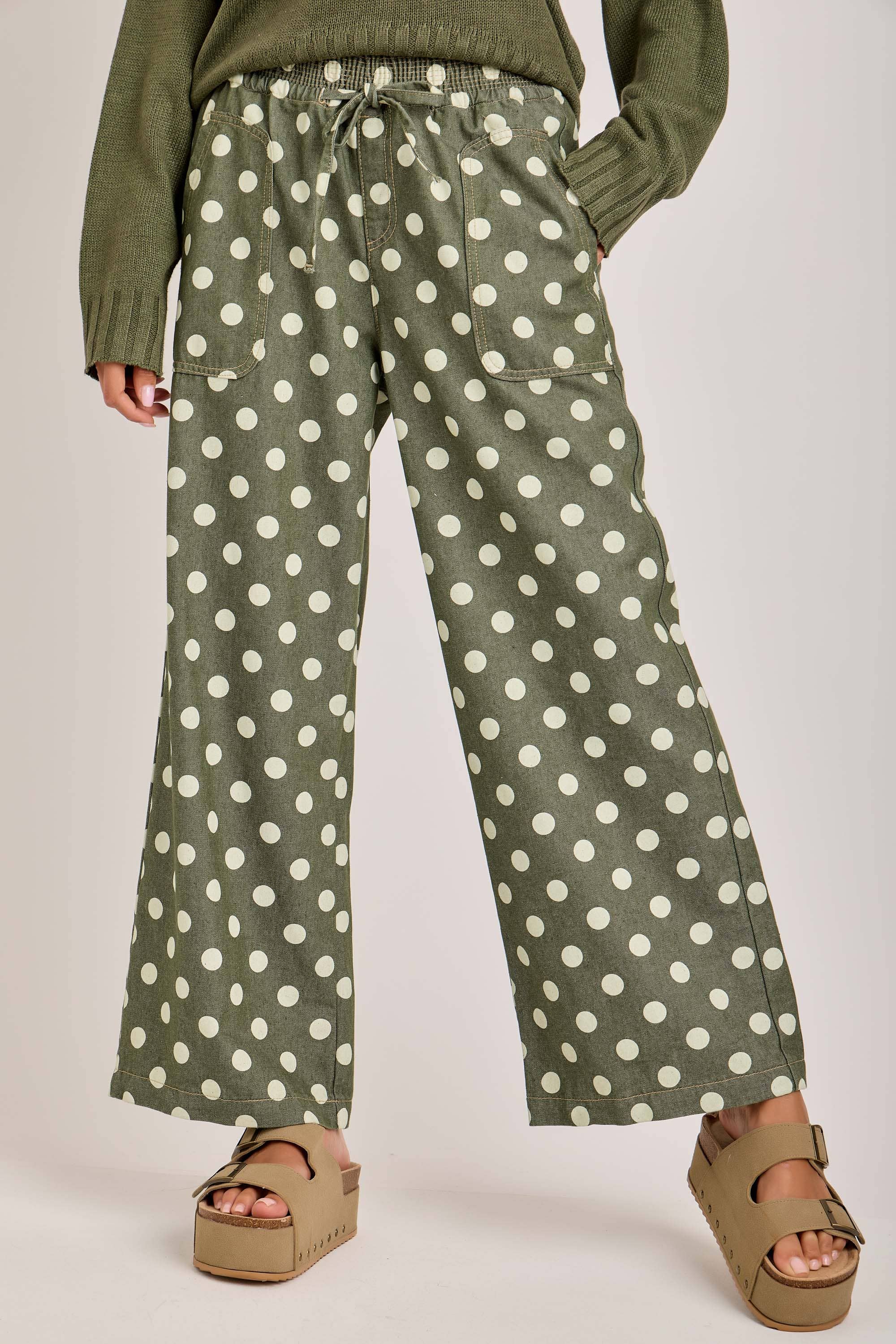 RELAXED WIDE LEG SOFT POLKA DOT DRAWSTRING PANTS
