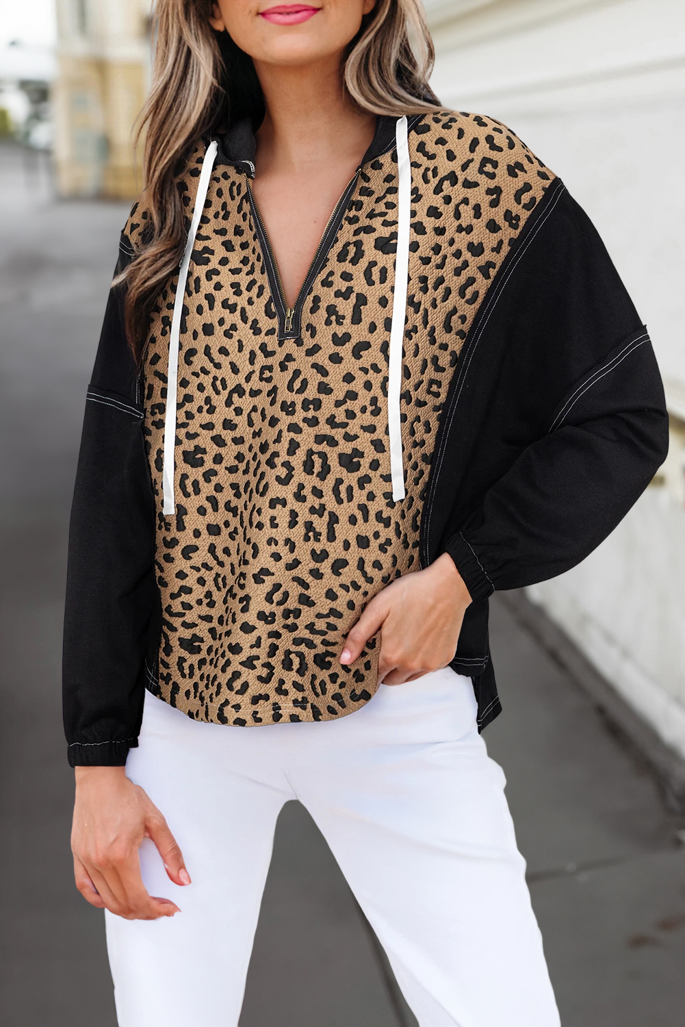 Leopard Print Zipper Front Loose Fit Hoodie