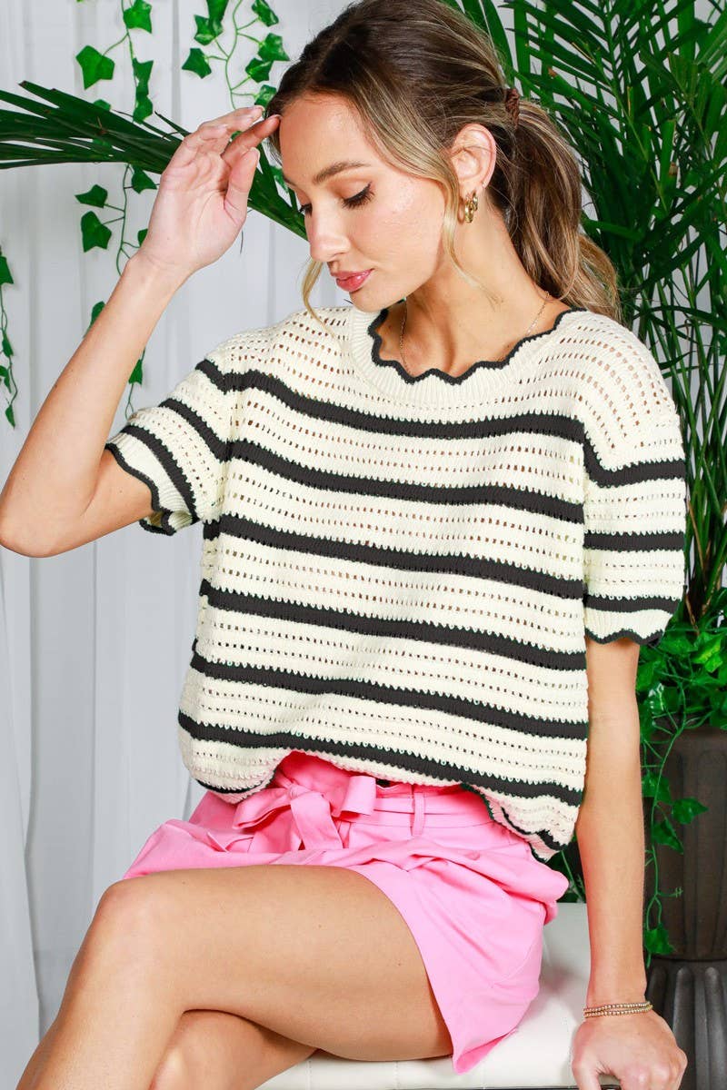 Scalloped Edge Crew Neck Striped Crochet Sweater VT82239
