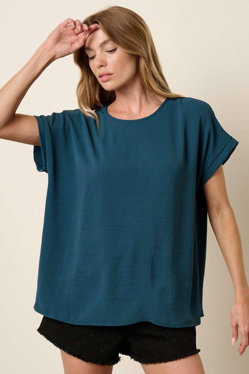 AIRFLOW ROUND NECK DOLMAN SHORT SLEEVE WOVEN TOP