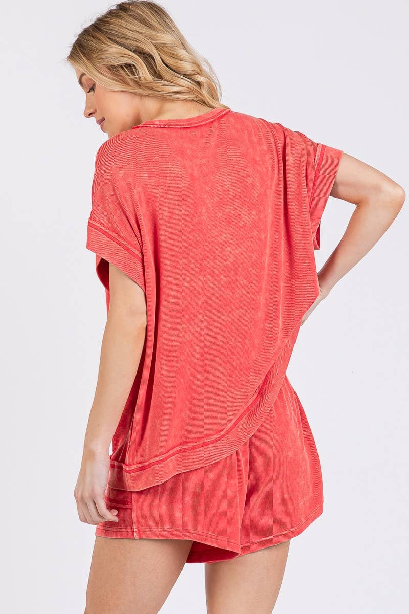 MINERAL WASHED TOP AND SHORTS RIB SET