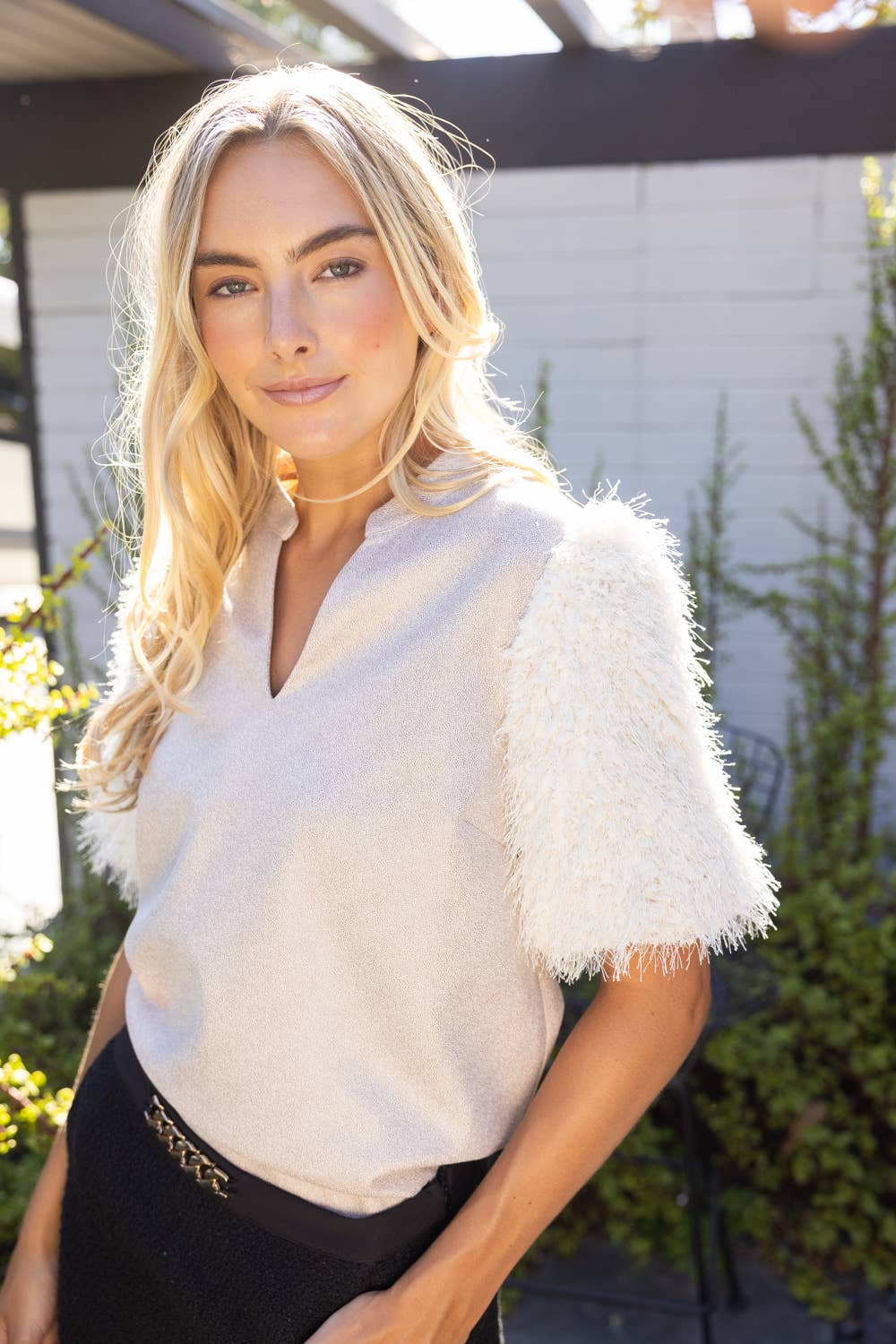 Feather Fringe Short Sleeve Faux Leather Top