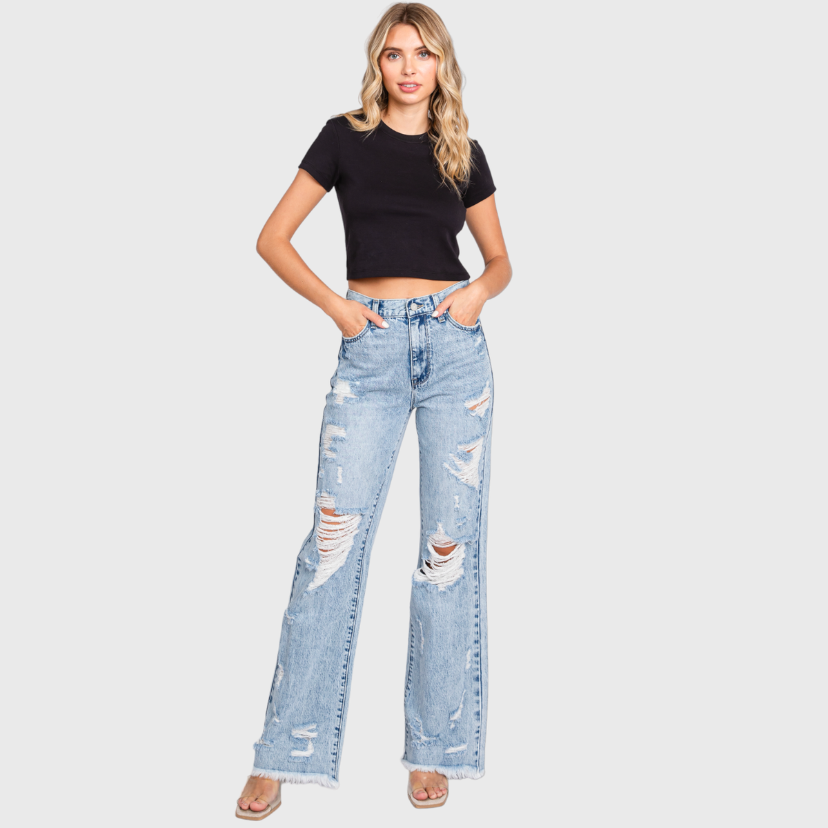 DESTROYED HIGH RISE RIGID VINTAGE FLARE JEANS