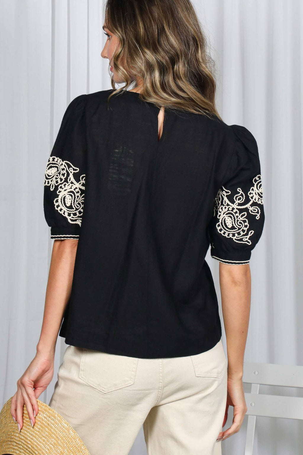Paisley Embroidered 100%Cotton Puff Sleeve Blouse VT83087