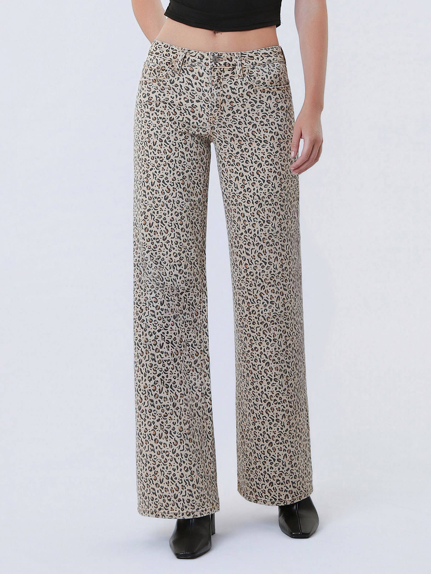 MID RISE FULL LENGTH LEOPARD PRINT WIDE LEG JEANS