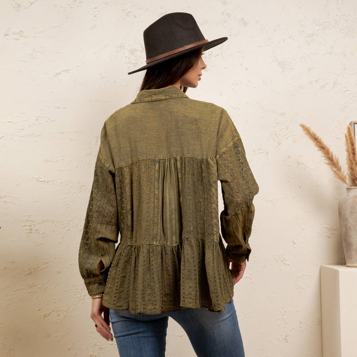 Mixed Media Spliced Denim Shirt with Seersucker & Lace