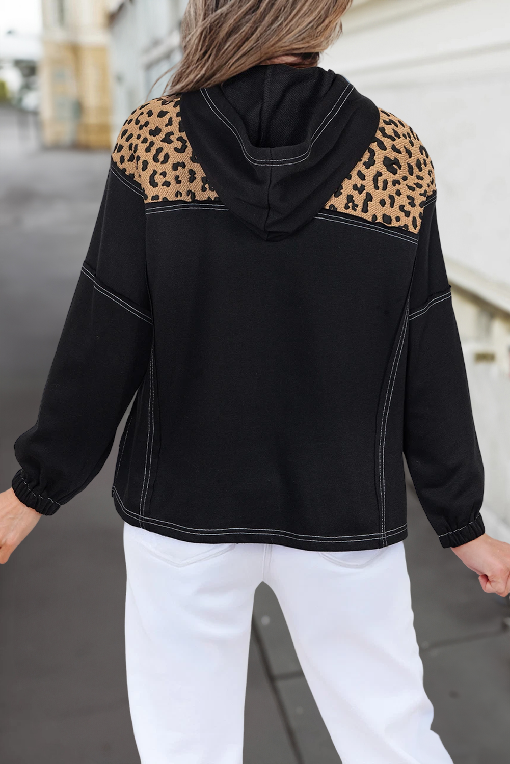 Leopard Print Zipper Front Loose Fit Hoodie