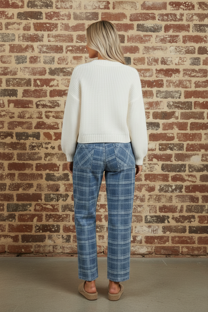 Plaid Denim Grommet Drawstring Waist Jeans