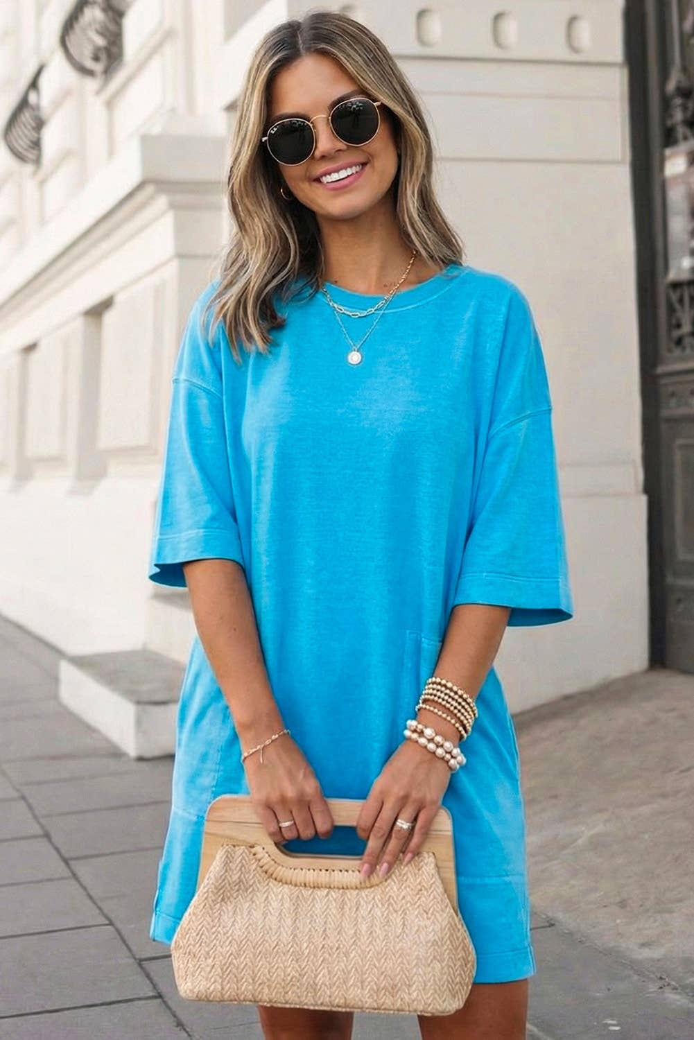 Solid Drop Shoulder Loose T Shirt Mini Dress