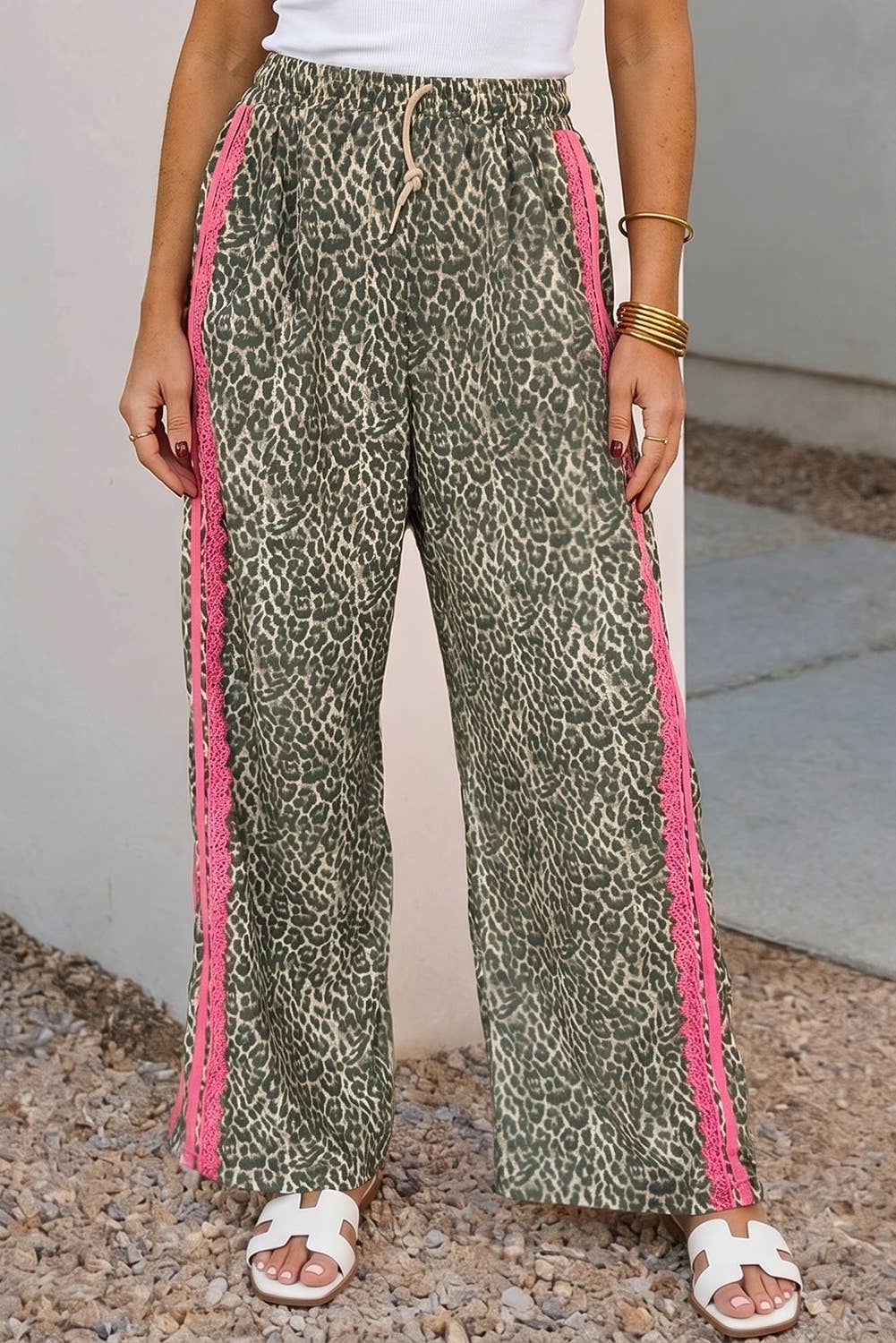 Leopard Print Contrast Lace Striped Detail Drawstring Pants