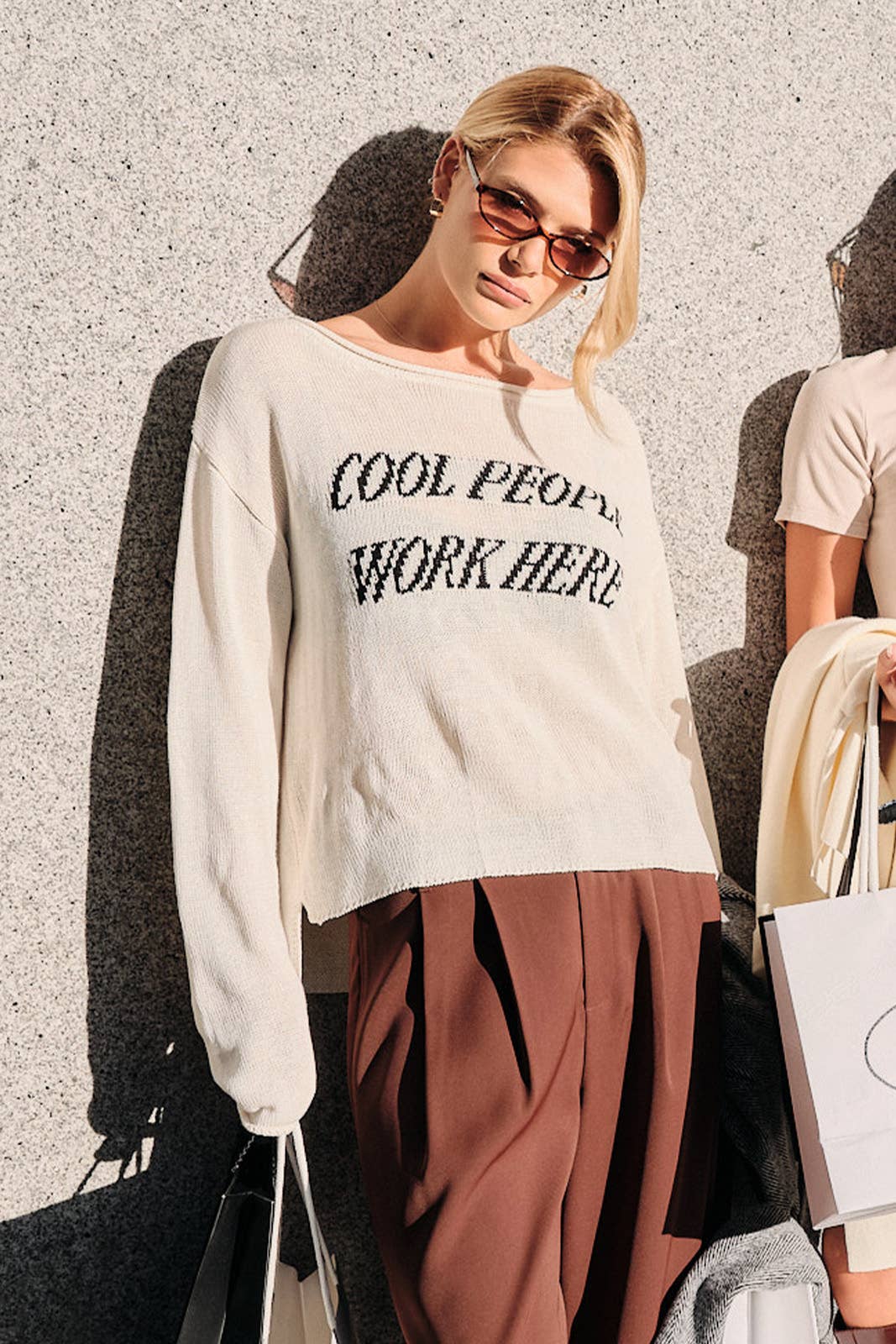 BOAT NECK "COOL PEOPLE WORK HERE" LT WEIGHT SWEATER
