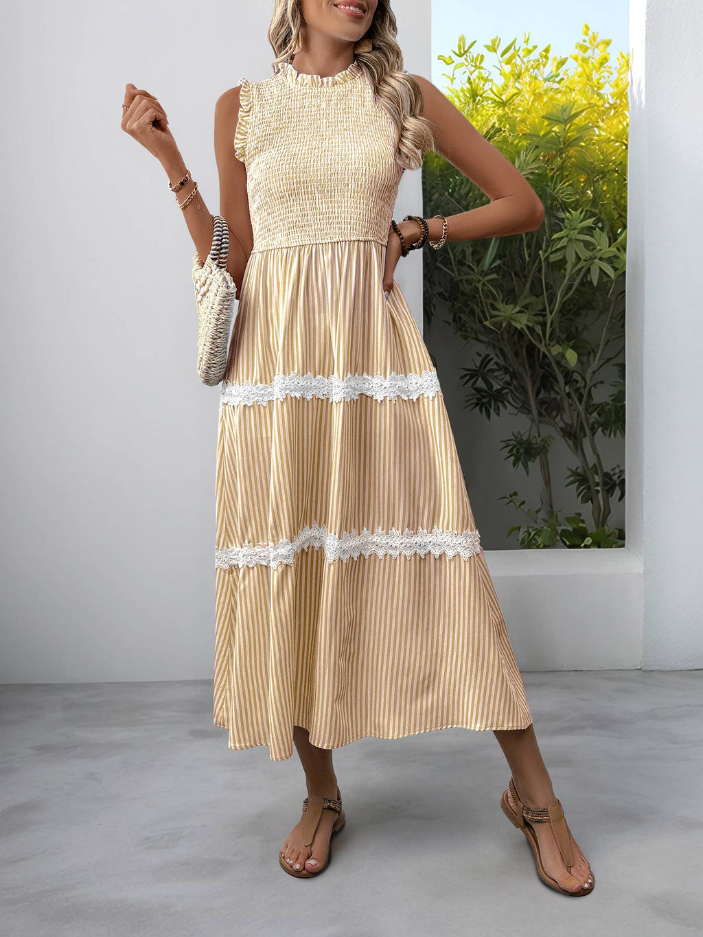 Smocked Ruffle-Strap Striped Midi Dress with Lace