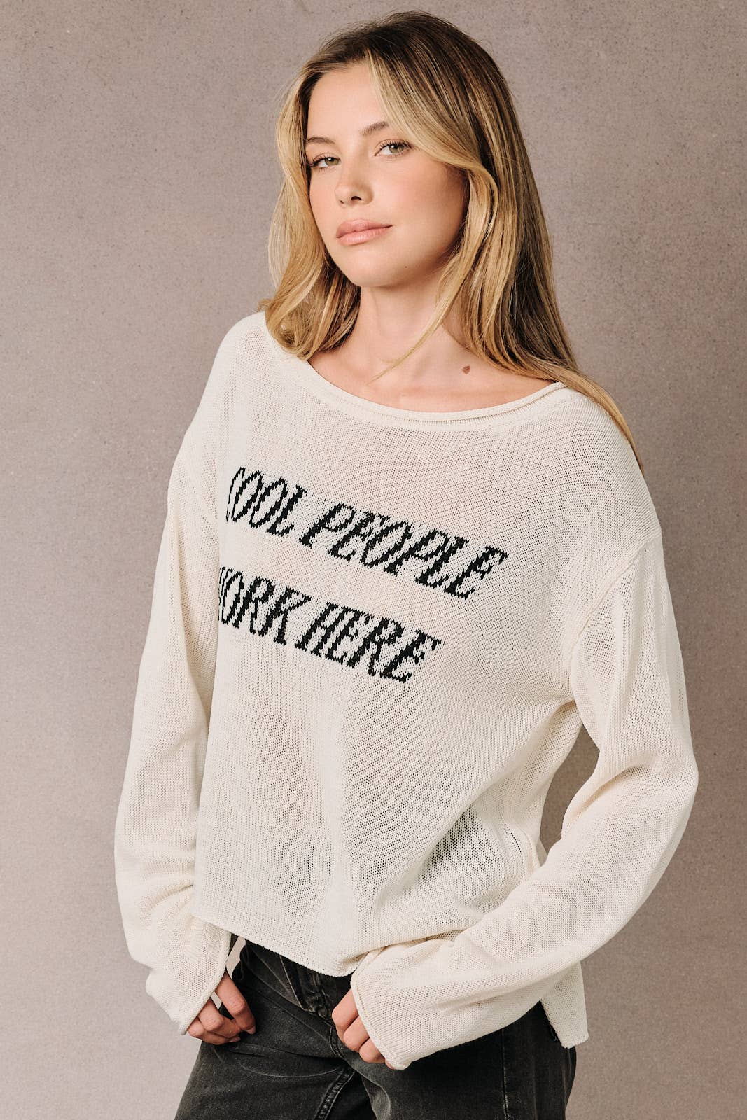 BOAT NECK "COOL PEOPLE WORK HERE" LT WEIGHT SWEATER