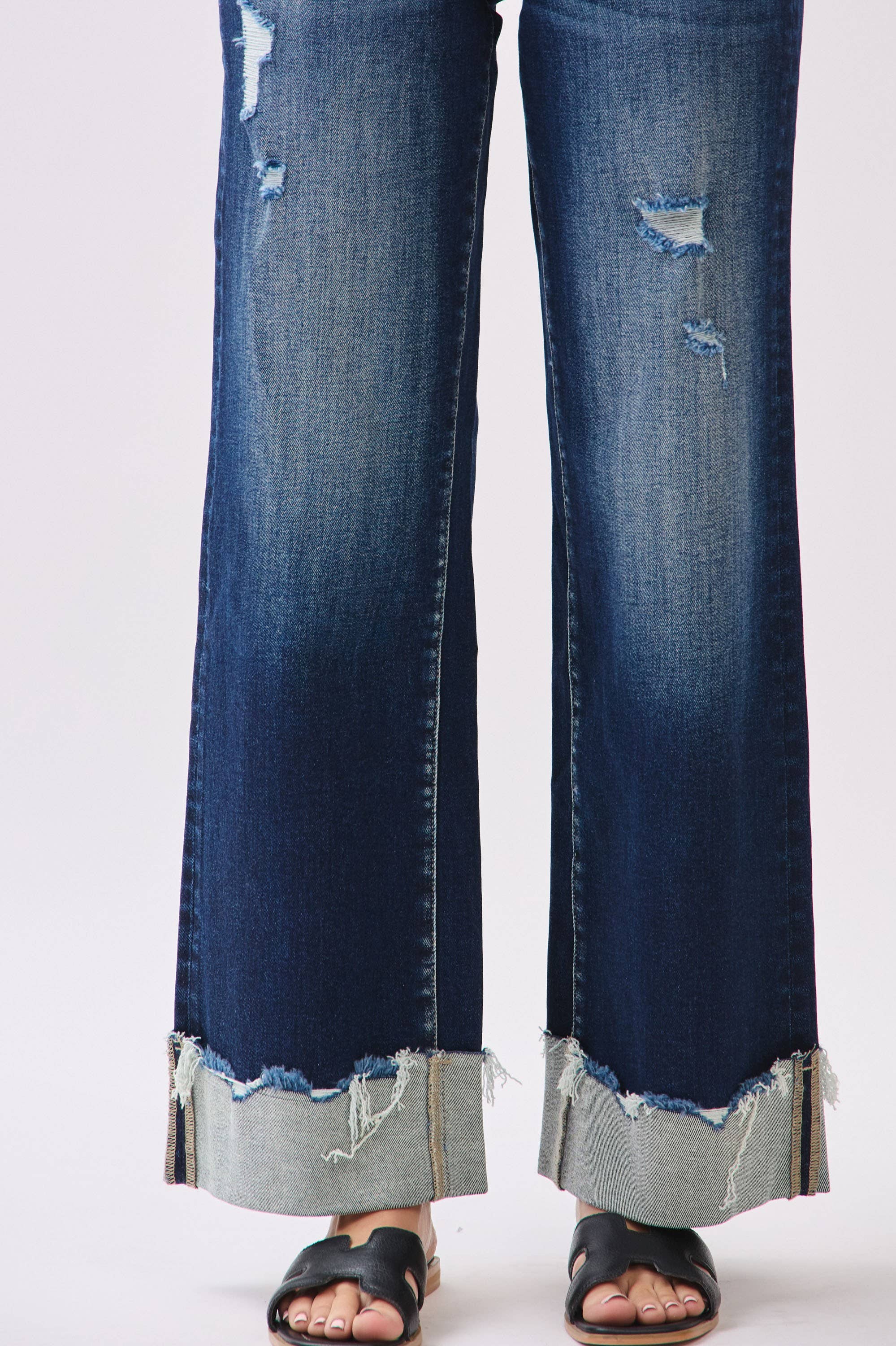 P1554W-DK HIGH RISE STRETCH WIDE LEG W/ CUFFED HEM JEANS