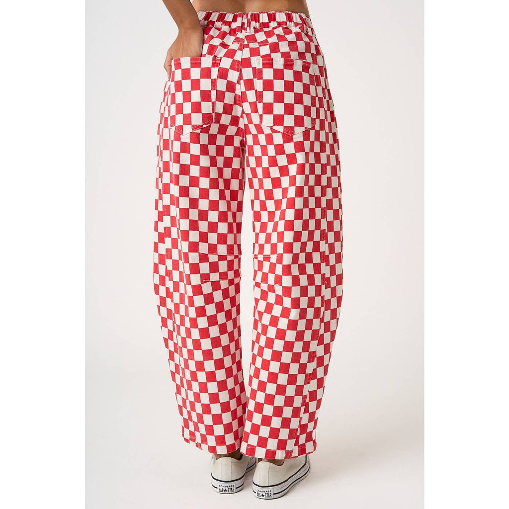 GAME DAY CHECKERED ELASTIC WAIST BARREL PANTS