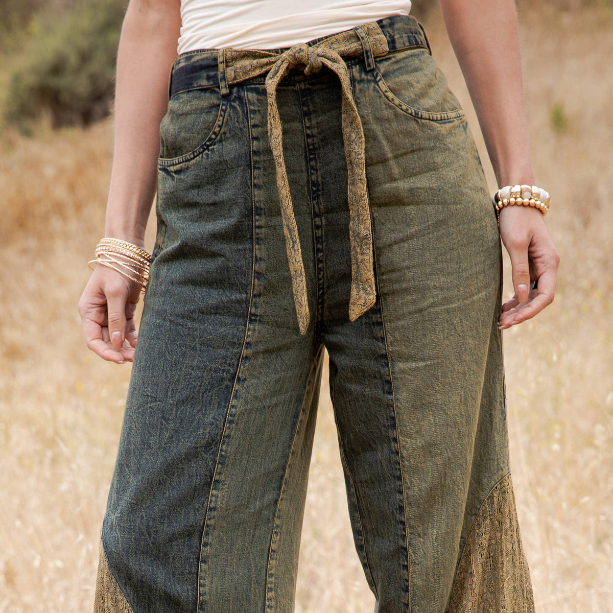 Boho Mixed-Media Lace Hem Tie-Waist Flare Pants