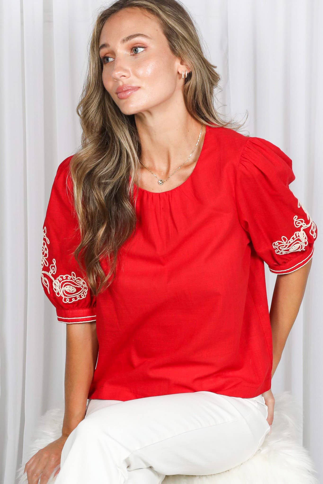 Paisley Embroidered 100%Cotton Puff Sleeve Blouse VT83087