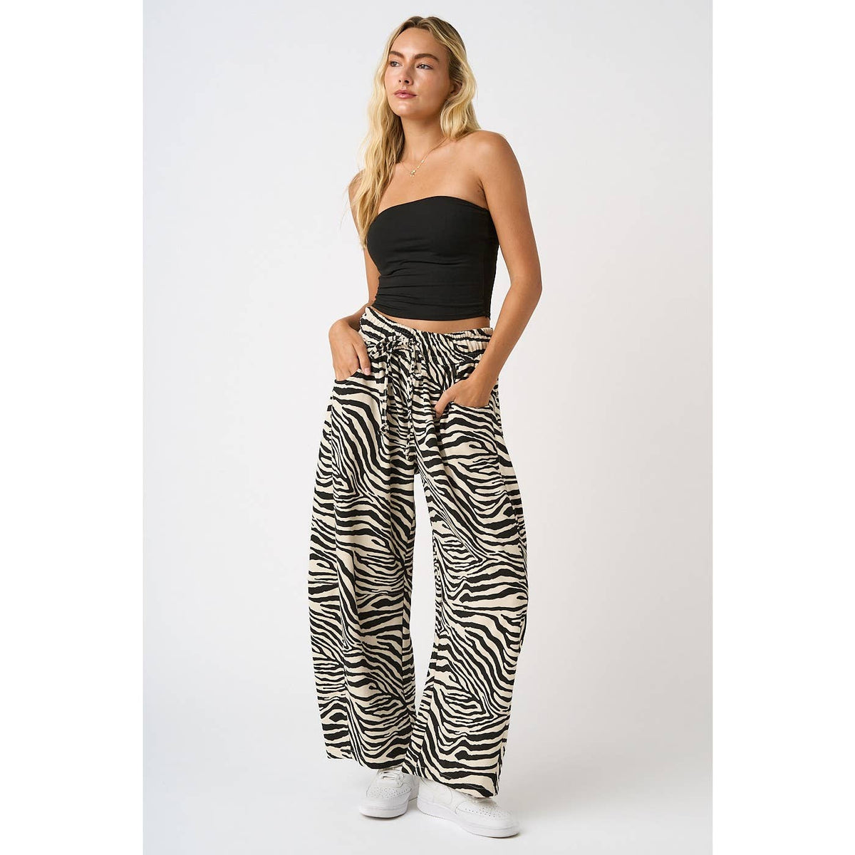 ZEBRA PRINT PULL-ON BARREL LEG PANTS