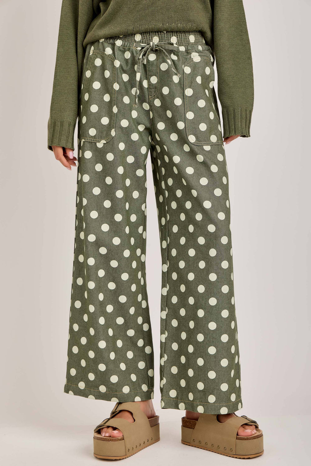 RELAXED WIDE LEG SOFT POLKA DOT DRAWSTRING PANTS