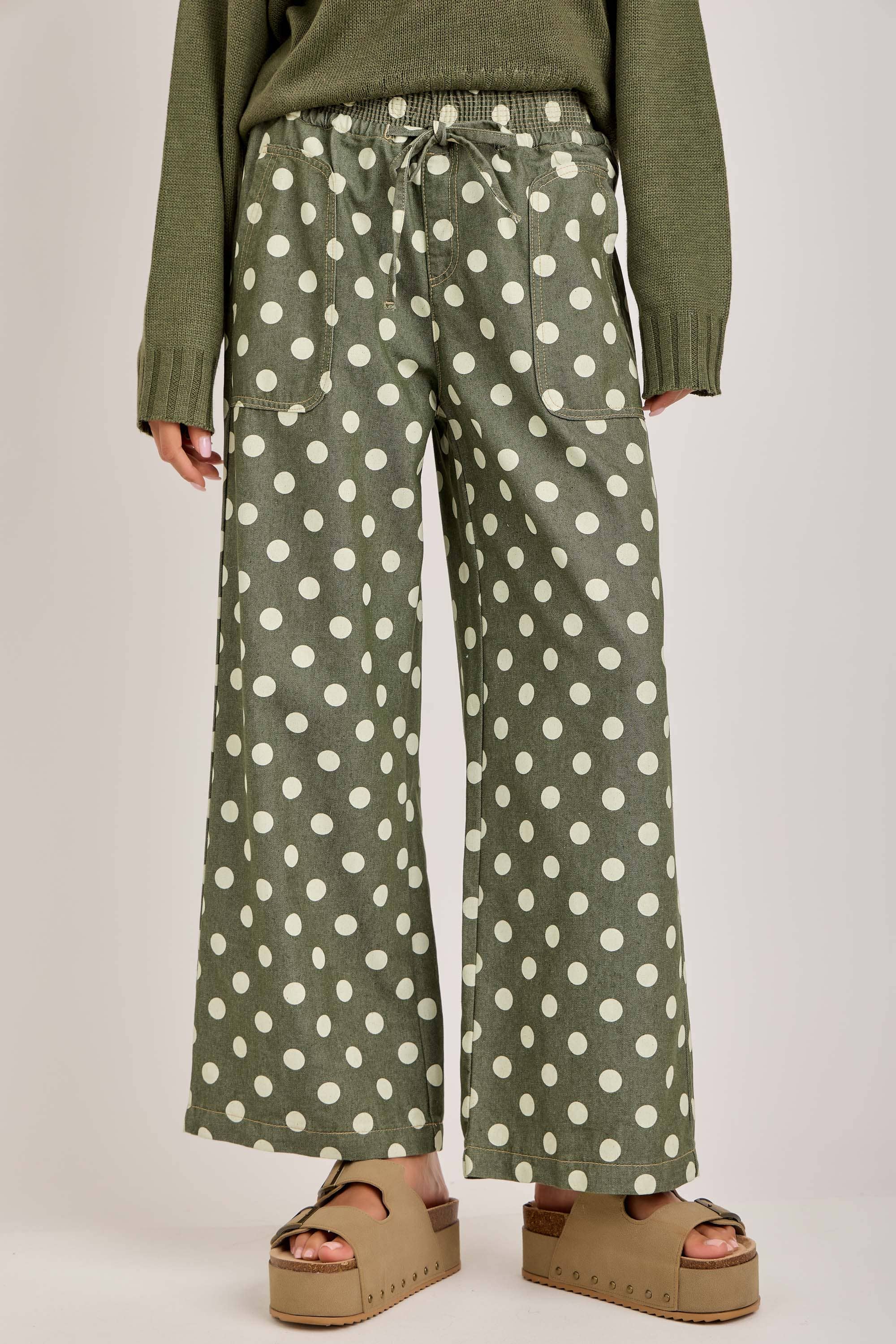 RELAXED WIDE LEG SOFT POLKA DOT DRAWSTRING PANTS