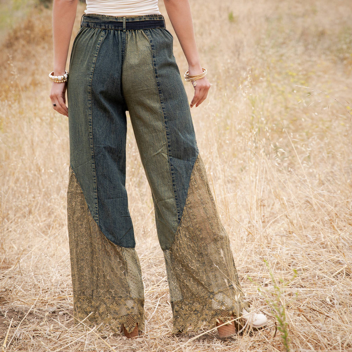 Boho Mixed-Media Lace Hem Tie-Waist Flare Pants