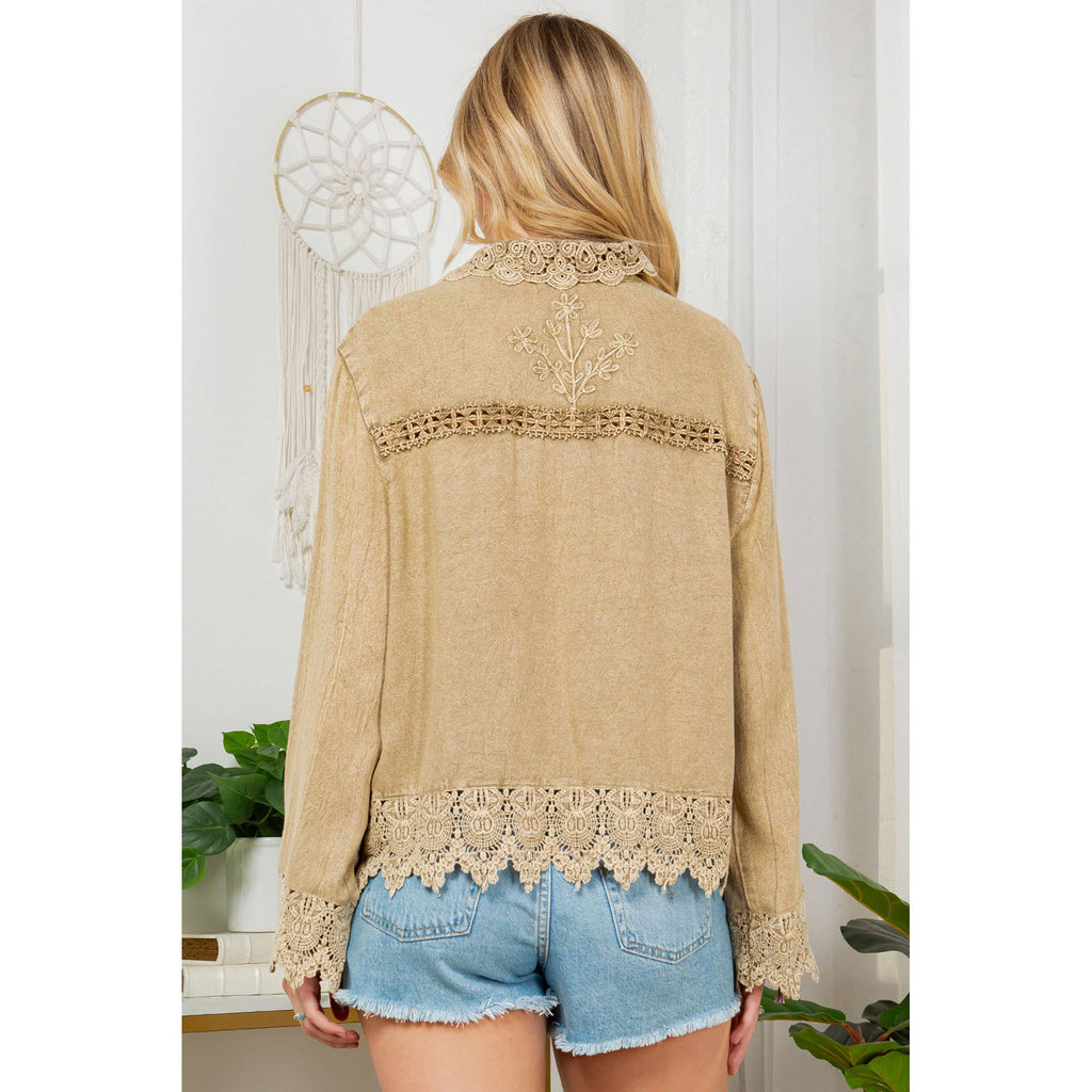 Artisan Boho Lace Trim Button-Front Blouse Top